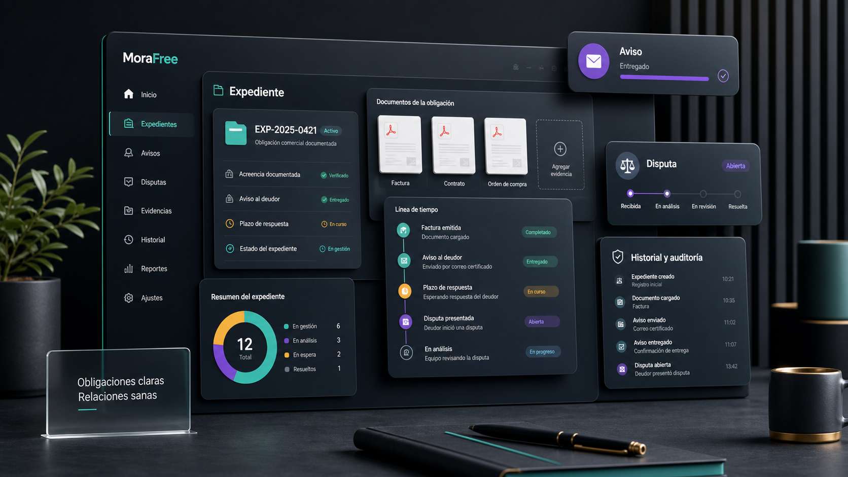 Mockup de interfaz con expediente, evidencia, aviso previo y estado de disputa